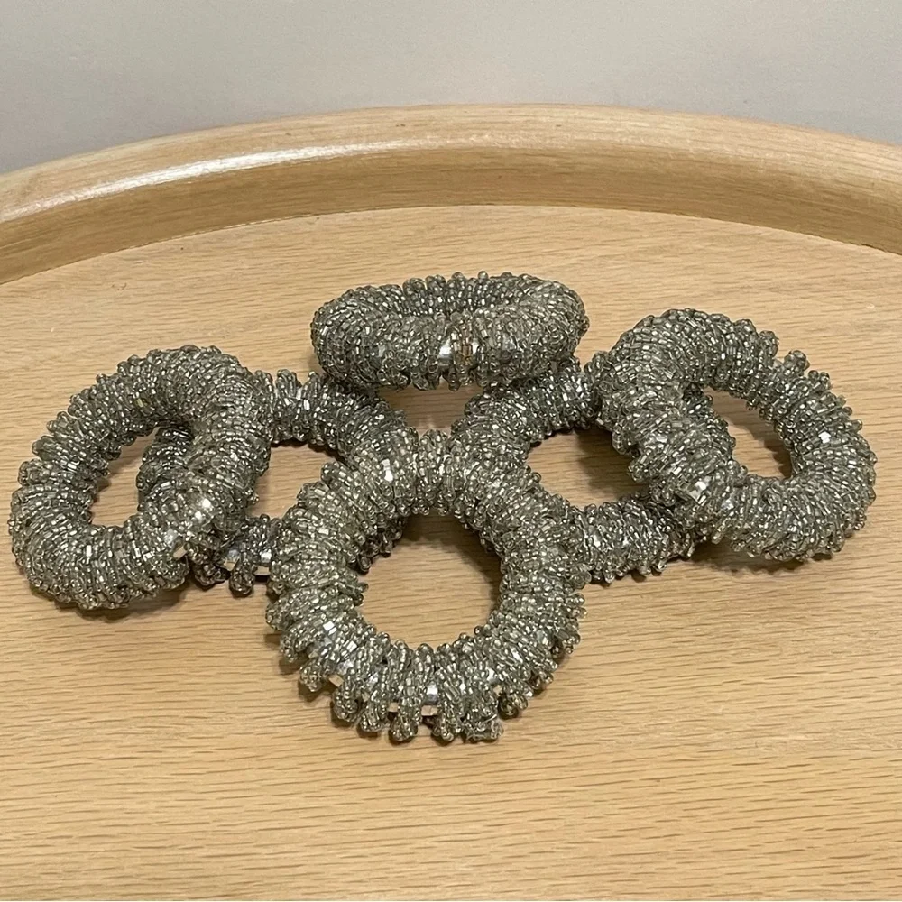 Glass Beaded Sparkly Silver Napkin Rings Holiday Special Occasion Party Set of 6